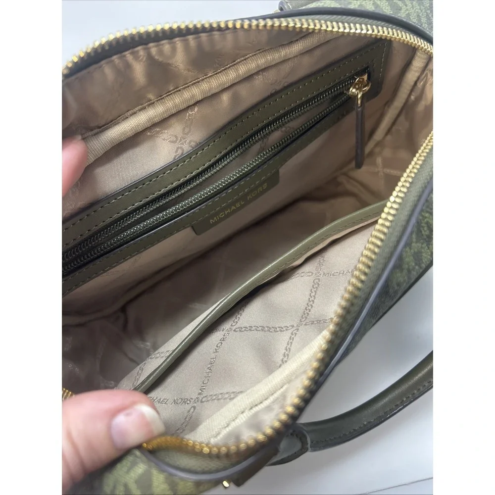 Michael Kors Olive Green Logo Messenger Bag Double Handle Gold Hardware Chain